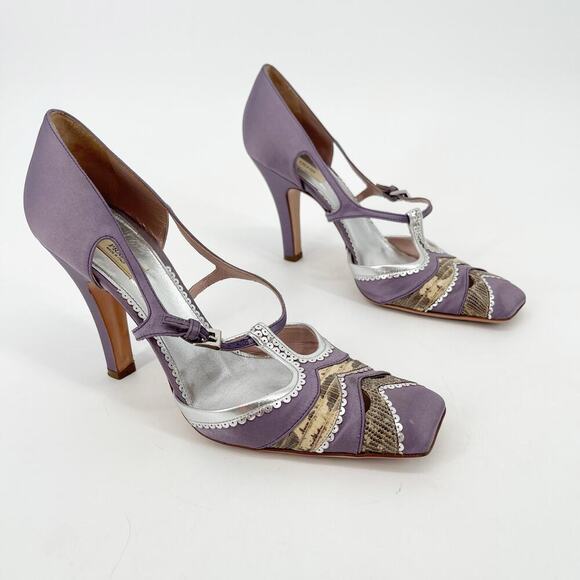 Prada Vintage Lilac Satin Snakeskin Trim Cutout Mary Jane T-Strap Heels IT 38.5 - Picture 2 of 11